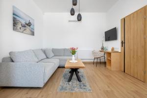 ein Wohnzimmer mit Sofa und Tisch in der Unterkunft Apartamenty Piaskowa 11 in Gąski