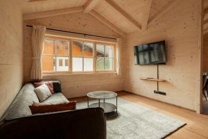 a living room with a couch and a tv at Haus Bluntautal in Golling an der Salzach