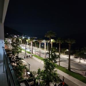 - une vue sur une rue bordée de palmiers la nuit dans l'établissement JRL Residence, à Vlorë