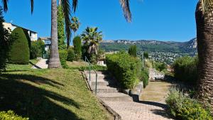 a pathway with palm trees and a mountain in the background at Jolie Maisonnette vençoise in Vence