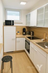 Η κουζίνα ή μικρή κουζίνα στο Studio Ypsilon mit malerischem Ausblick