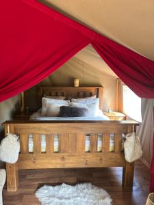 una camera con un letto a baldacchino rosso di Luxury tree top glamping safari tent a Killarney