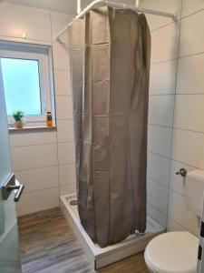 a shower curtain in a bathroom with a toilet at WellandHome Aalen - Business Apartment - 4 single beds in Aalen +8 photos