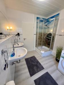 a bathroom with a sink and a shower at Ferienhaus Blinkfuer in Neuharlingersiel