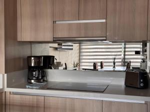 - une cuisine avec un comptoir et une cafetière dans l'établissement Edificio Claro Solar - Moderno Apartamento Centro Temuco 2D2B Parking, à Temuco