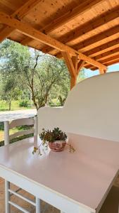 a white bench under a wooden roof with a potted plant at Rida Village Ksamil Island in Ksamil