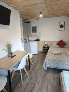 a living room with a table and a bed and a kitchen at Krutyńska Sielanka in Piecki