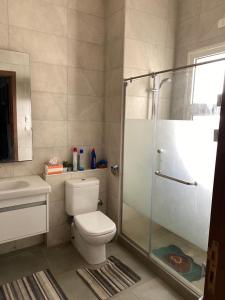 a bathroom with a shower and a toilet and a sink at Amwaj ground apartment in El Alamein
