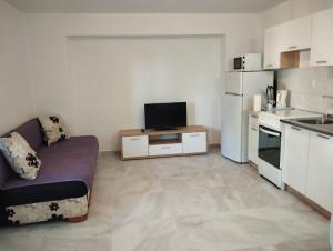 a small living room with a couch and a kitchen at Apartment and Rooms Markovic in Senj