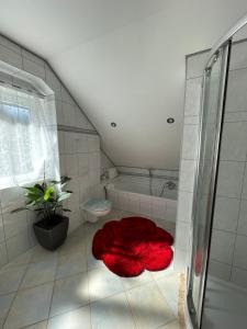 a bathroom with a red rug on the floor at Gemütliches Haus im Herzen des Schwarzwaldes für bis zu 9 Personen in Elzach +31 photos