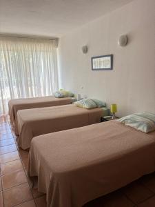 three beds in a room with a window at RESIDENCE LES TERRASSES in Calvi