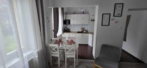 una piccola cucina con un tavolo e sedie con sopra degli orsacchiotti di peluche di Apartament Przedzamcze a Toruń