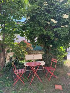 a picnic table and two chairs under a tree at Mini loft Spa - Cosy in Dijon +28 photos