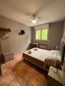 a bedroom with a bed and a ceiling fan at Hôtel - Pub Le Petit Bosquet in Santo-Pietro-di-Venaco