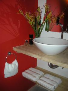 ein Badezimmer mit einem Spülbecken und Handtüchern auf einem Regal in der Unterkunft Bed & Breakfast Casa Dos Cajueiros in Barra Grande
