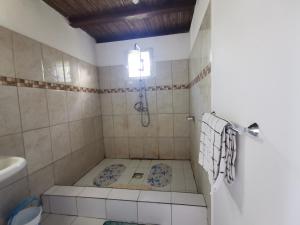 a bathroom with a shower with a toilet and a sink at Blue Lagoon villa en bord de plage in Sainte Marie