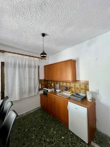una cucina con armadi in legno, lavandino e finestra di PELEKAN rooms and apartments ATHINA 23 a Pefkohori
