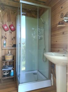 a bathroom with a glass shower and a sink at D'tente skylodge SKALI in Massat