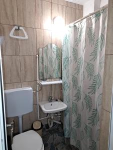 a bathroom with a sink and a toilet and a shower curtain at Casa Family in Jupiter +19 photos