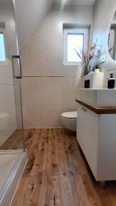 a bathroom with a toilet and a sink at Domek Sarnia in Podmacharce +21 photos