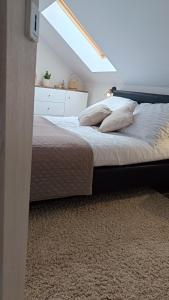 a bedroom with a large bed with a skylight at Domek Sarnia in Podmacharce