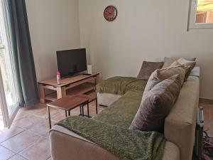 a living room with a couch and a tv at Hébergement avec jardin in Le Garn