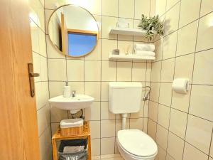 a bathroom with a toilet and a sink and a mirror at Apartment Wish in Podstrana +17 photos
