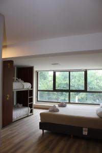 a bedroom with two beds and a large window at Nómade Hostel mdz in Mendoza