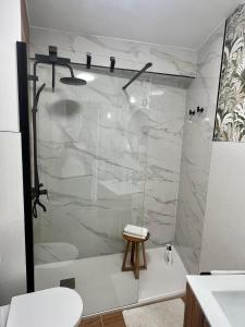 a shower with a glass door in a bathroom at O Victoriano in Caldas de Reis +24 photos