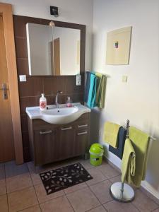 a bathroom with a sink and a mirror at Apartment Ortler in Banská Štiavnica
