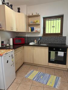 a kitchen with a white refrigerator and a window at Apartment Ortler in Banská Štiavnica