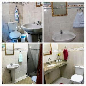 four pictures of a bathroom with a sink and a toilet at Casa Linear Térrea com Piscina no Atlântico in Rio das Ostras +18 photos