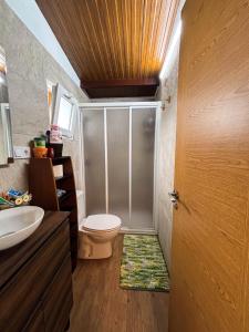 a bathroom with a shower with a toilet and a sink at Small house in the nature in Granadilla de Abona +11 photos