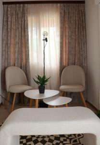 a room with two chairs and a table with a plant at Charming Villa by the Sea in Nea Kalikratia +17 photos