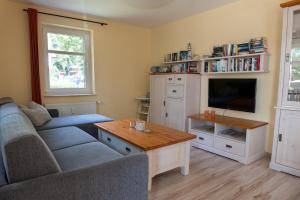 een woonkamer met een bank en een tv bij Ostseepark Waterfront-Karavelle in Heringsdorf