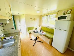 a small kitchen with a small table and a refrigerator at Mobilheim Vita - Výrovická přehrada in Výrovice