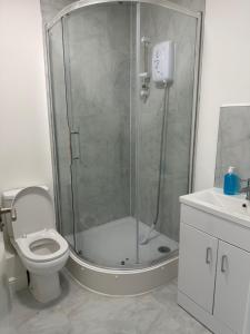 a bathroom with a shower with a toilet and a sink at Train Station Apartments- 2 Beds-1 Beds in Scunthorpe +16 photos