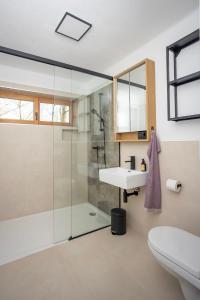 a bathroom with a glass shower and a sink at Haus Malina in Sankt Michael ob Bleiburg +29 photos