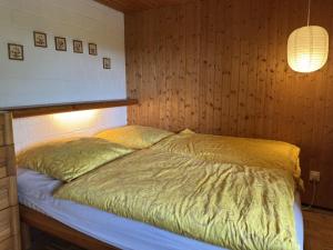 a bed in a bedroom with a wooden wall at Ferienhaus Sackpfeifenblick, Hatzfeld in Hatzfeld +45 photos
