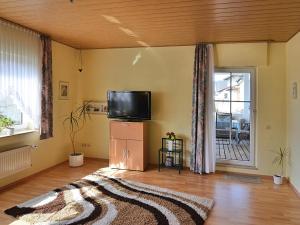 a living room with a large bed and a television at Modernes Familienapartment in Medebach +18 photos