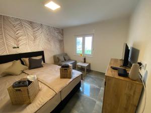 a bedroom with a bed with a television and a desk at Kuća za odmor Eagle's nest in Brnjica