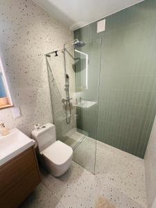 un bagno con wc e doccia in vetro di Green Flat a Tarnowskie Góry Altre 17 foto