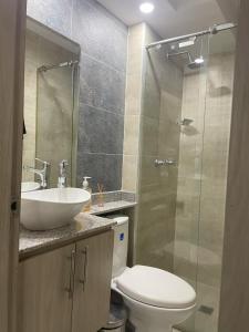 a bathroom with a toilet and a sink and a shower at Apartamento Entero Norte, a 25 min del Aeropuerto in Cali