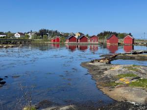 a body of water with a group of red houses at Leilighet på Harøya in Ålesund