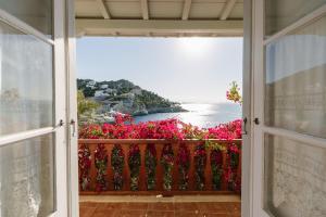 伊兹拉Marcela's house的通向带粉红色花卉的阳台的开放式门