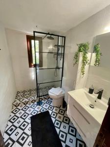 a bathroom with a shower and a toilet and a sink at Star Country House in Ormos Panagias +38 photos