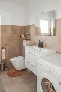 a bathroom with a toilet and a sink and a washing machine at Modern apartment near Bad Nauheim & close to Friedberg in Oberwöllstadt