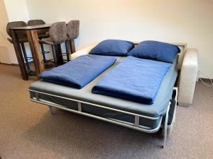 a bed in a room with blue pillows on it at Gut und Günstig in Leipzig - zentrumsnah - inkl Fahrräder, Netflix und Tiefgaragenstellplatz in Leipzig