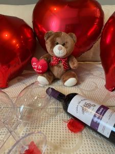 a teddy bear and a bottle of wine and balloons at Refúgio Pauapique - Suítes com café da manhã, ar condicionado e frigobar à 900 metros da Rota do Vinho in São Roque