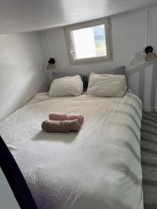 a bed in a small room with two pillows on it at Cozy Place in Alfortville